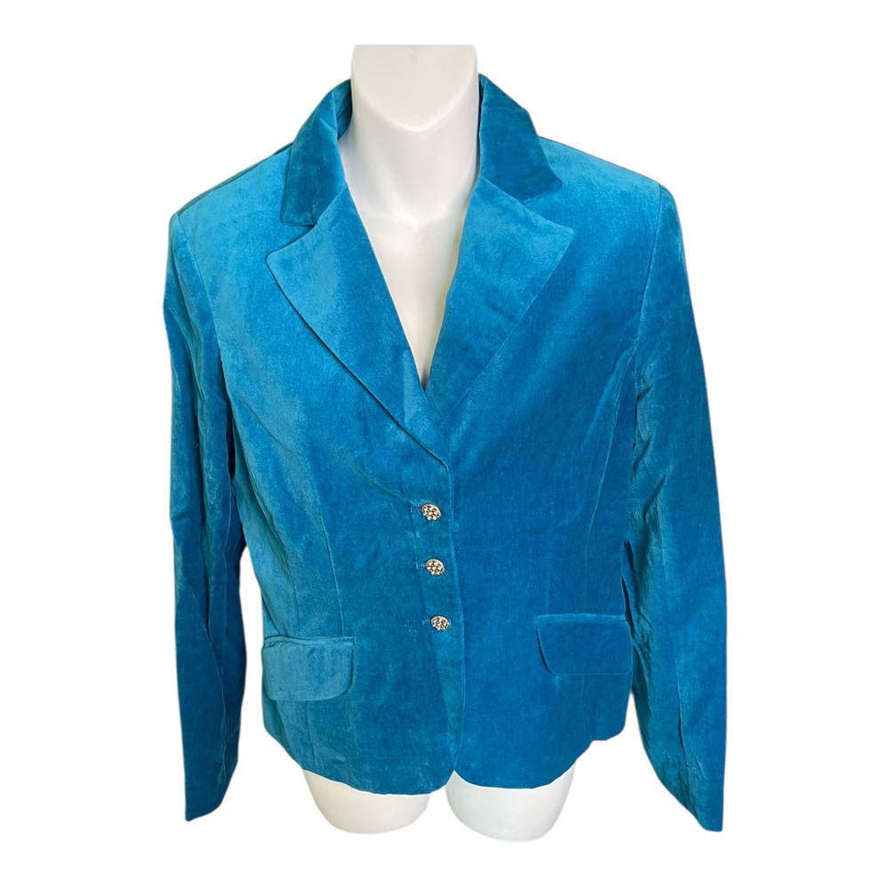 Teal Velvet Blazer Rhinestone Button Jacket Women's Size 8